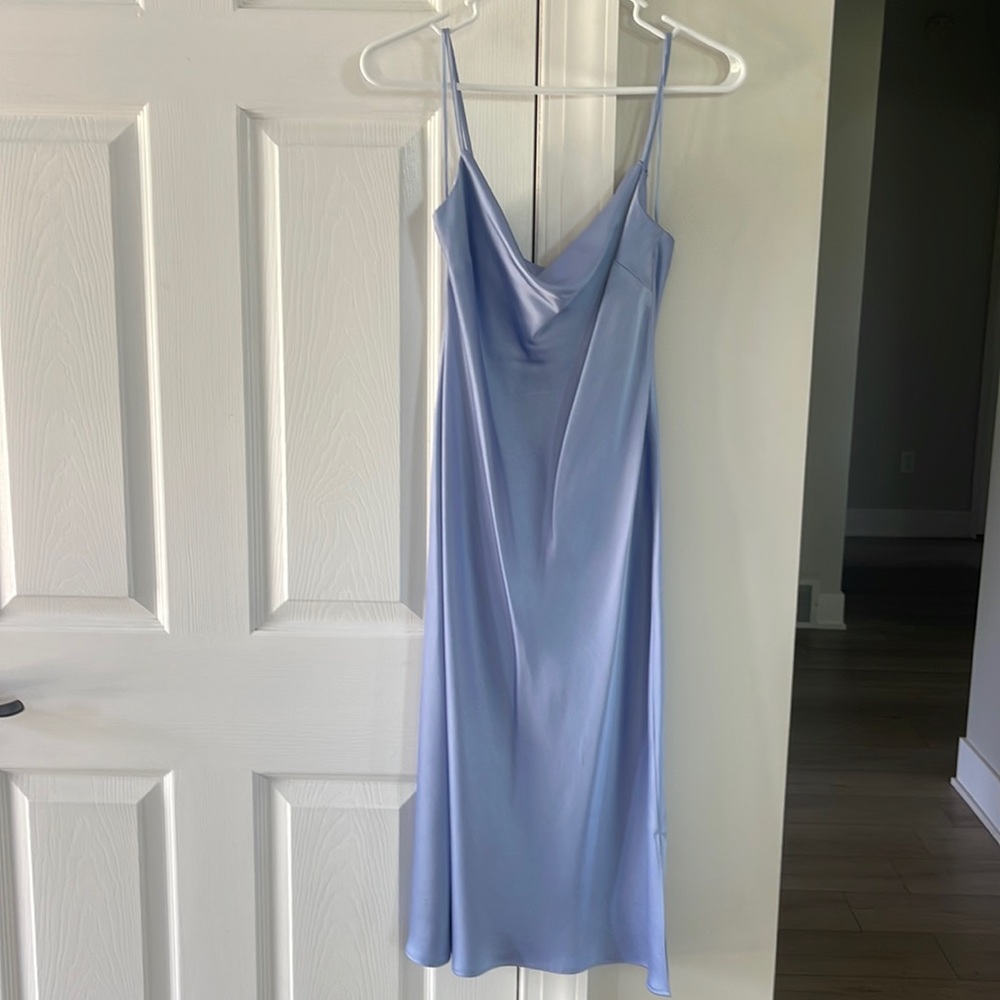 Light Blue Satin Slip Dress with Cowl Neck